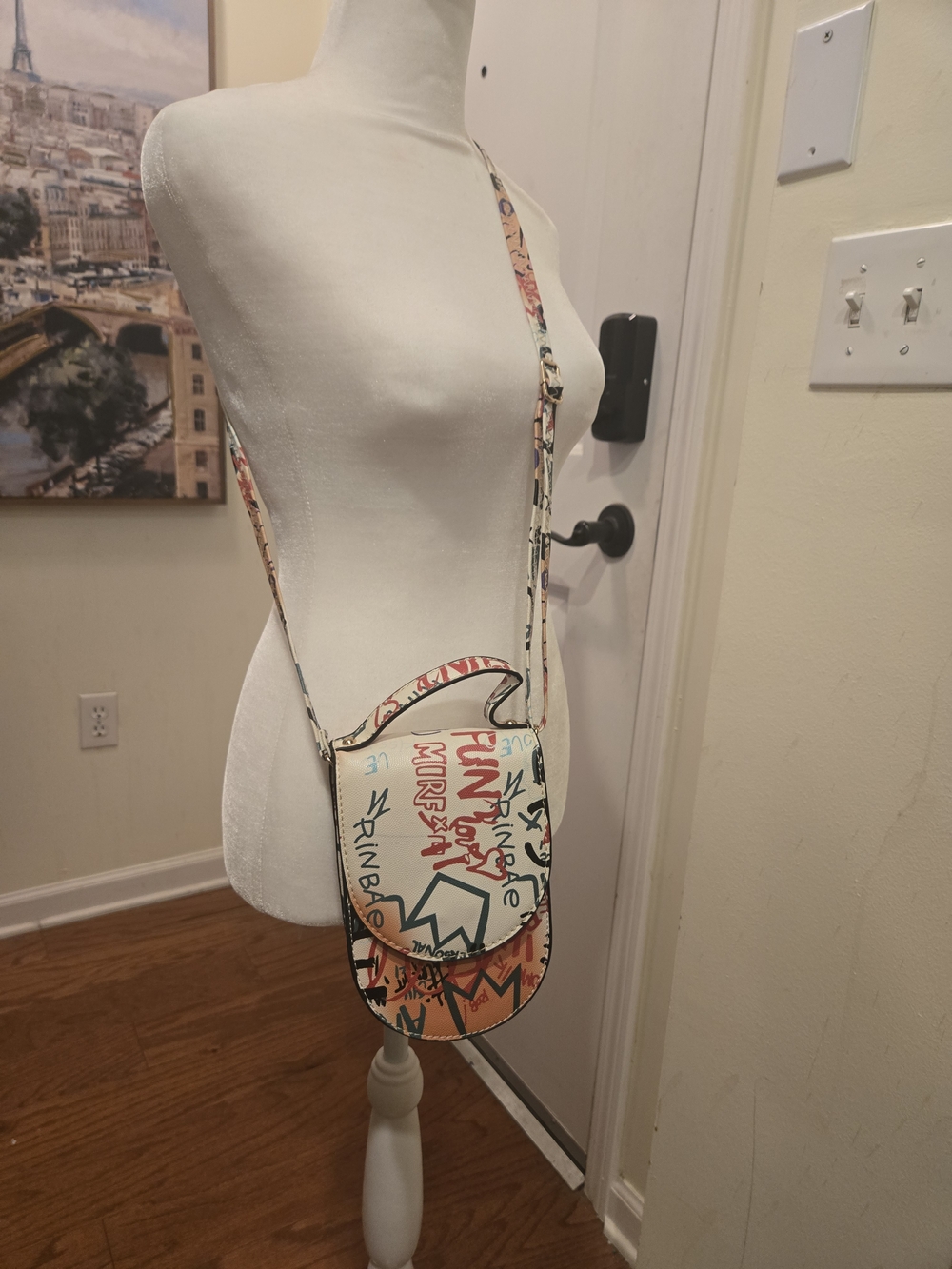 Graffiti Print Top-Handle Crossbody Bag - White/Coral
